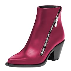 FSJ Women Pointed Toe Ankle Boots External Side Zipper Chunky Block Mid Heel Leather Cutout Western Short Booties