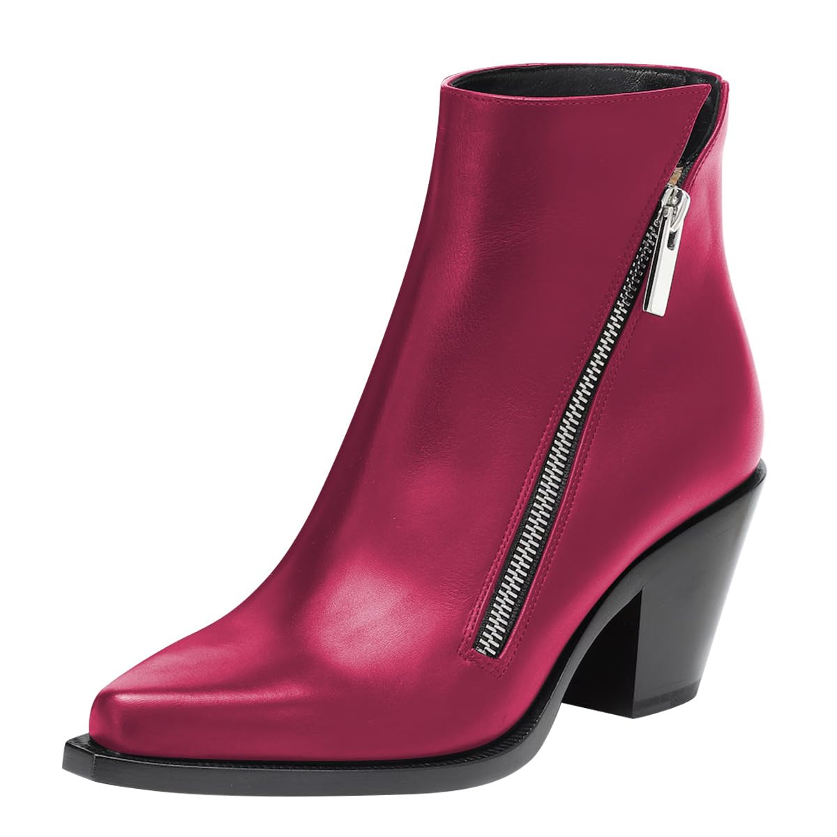 FSJ Women Pointed Toe Ankle Boots External Side Zipper Chunky Block Mid Heel Leather Cutout Western Short Booties