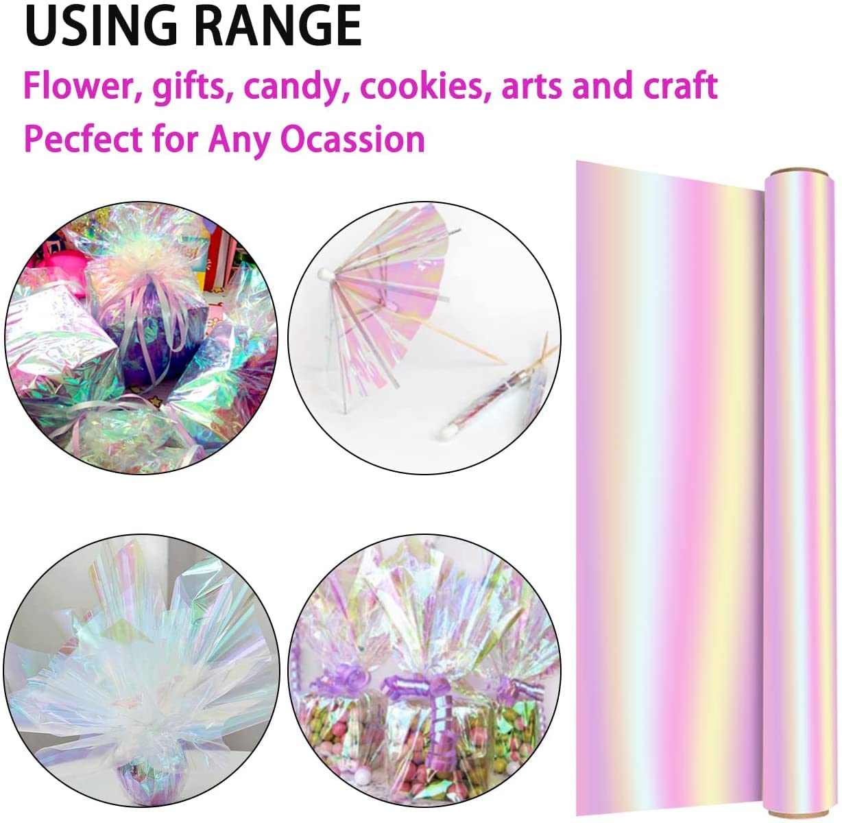 POPGIFTU Regenbogen-Muster Cellophan Rolle, Entfaltete Breite 86CM x 15M Schillerndes Filmpapier Geschenkpapier, für Hochzeit, Blumenstrauß, Geschenk, SüßigkeitenpaketKunst Handwerk