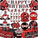 Ninja Birthday Party Decorations Tableware,193pcs Ninja Warrior Party Decorations Plates and Napkins Cups Tablecloths,Cake Topper,Balloon for Ninja Party Supplies,Serves 24
