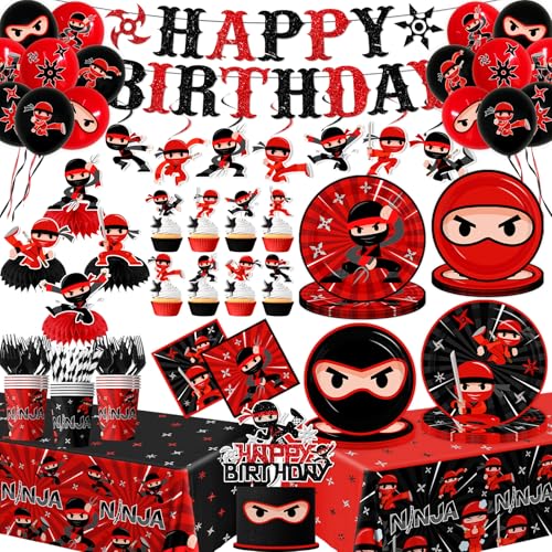 Ninja Birthday Party Decorations Tableware 193pcs Ninja Warrior Party Decorations Plates and Napkins Cups Tablecloths Cake Topper Balloon for Ninja Party Supplies Serves 24