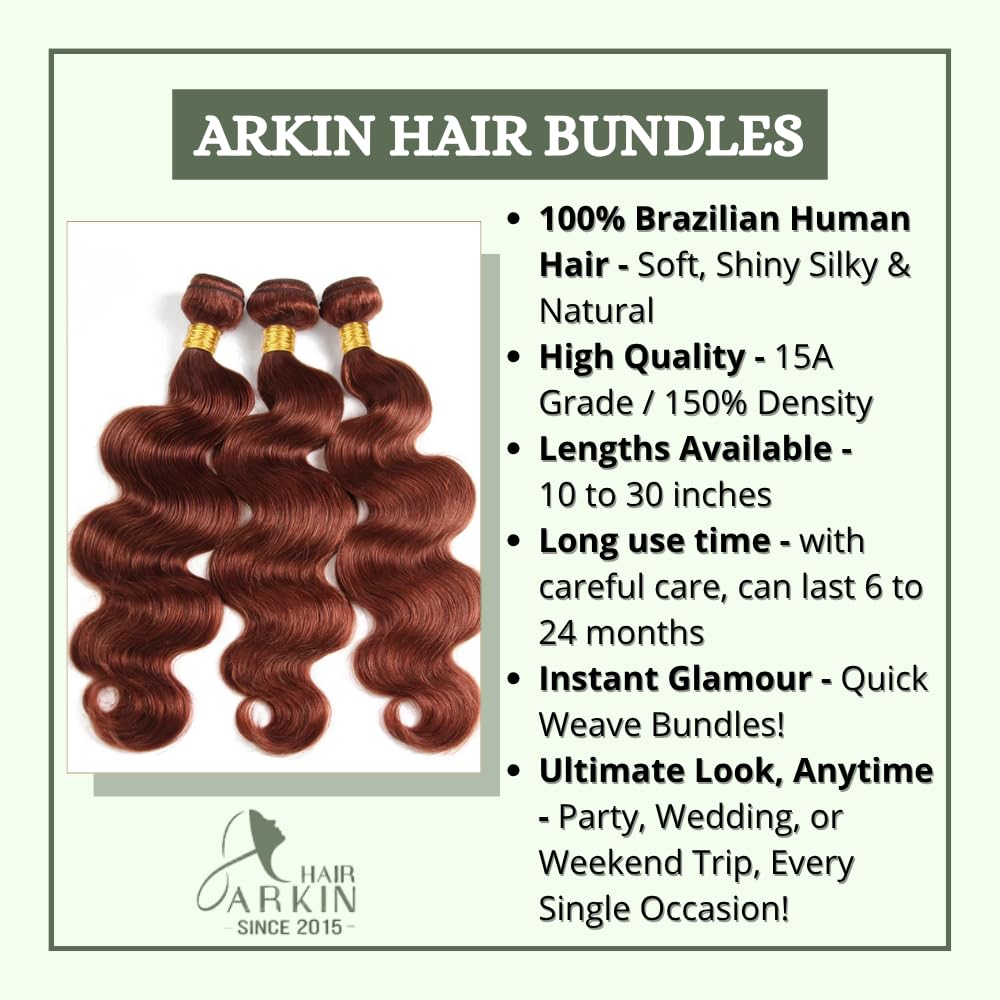 33 Body Wave Bundles Human Hair Copper Reddish Brown Color #33 Brazilian Virgin Hair 15A Grade Soft Silky Auburn Weave for Black Women, No Shedding Double Weft Hair Extensions 26inch