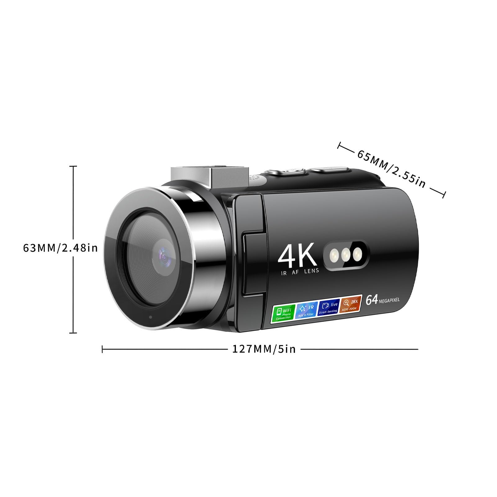 Cyfrowa Kamera Wideo 4K 64MP z Zoomem 28x, 3 -calowa Kamera Wideo Ekranu Obrotowego, LED LID do Podróży