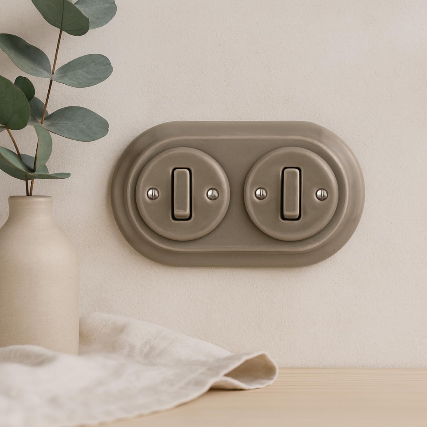 Unterputz Porzellan Retro Schalter, 2-fach, All-in-One, SET Serie PR1 graubeige