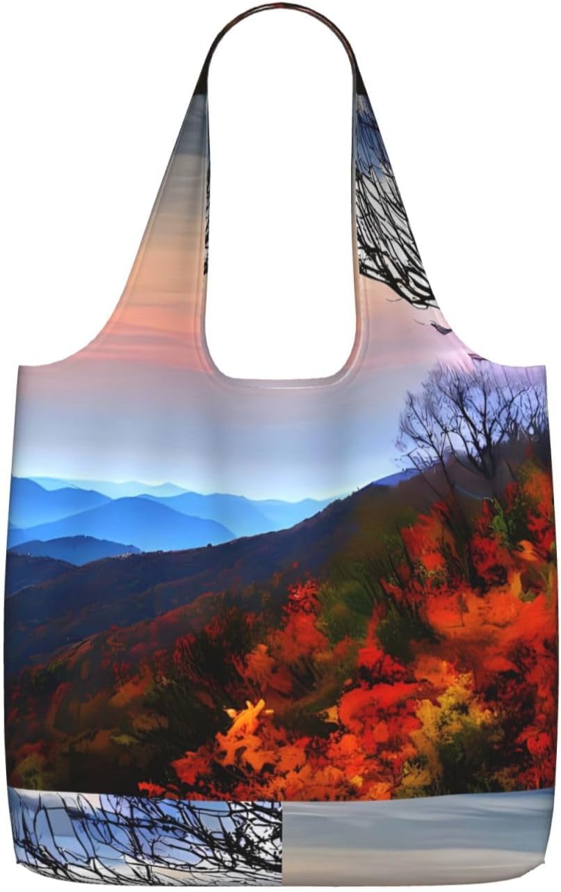 Reusable Shopping Bags Lightweight Foldable Grocery Bags In Pocket,Washable Large Tote Bags Blue Ridge Mountains Travel Shoulder Bag Gifts For Women Men