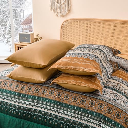 Image of Cottolester Boho Comforter Set Full Size,8 Pieces Brown and Green Bohemian Striped Bed in a Bag,Paisley Soft Microfiber Bedding Comforter Set