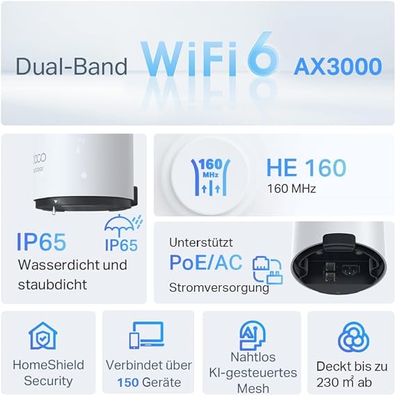 tp-link deco x50-outdoor wi-fi 6 mesh wlan ax3000 dual-band router (2 x gigabit ports 802.at poe outdoor compatible with all deco models)