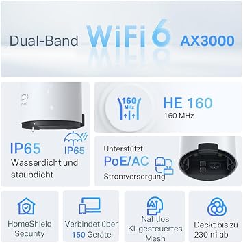 tp-link deco x50-outdoor wi-fi 6 mesh wlan ax3000 dual-band router (2 x gigabit ports 802.at poe outdoor compatible with all deco models)