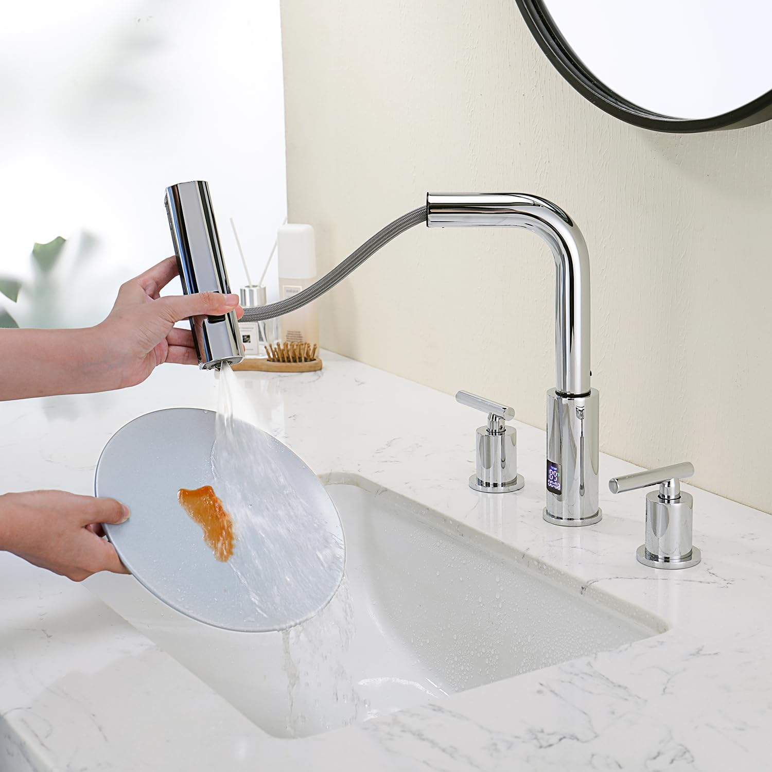 Lefton Waterfall Pull-Out Bathroom Faucet 3 Hole with Temperature Display in Fahrenheit (Battery-Free), 8-inch Widespread Vanity Faucet for Bathroom Sink with 2 Handles, Chrome, BFWS2401-1