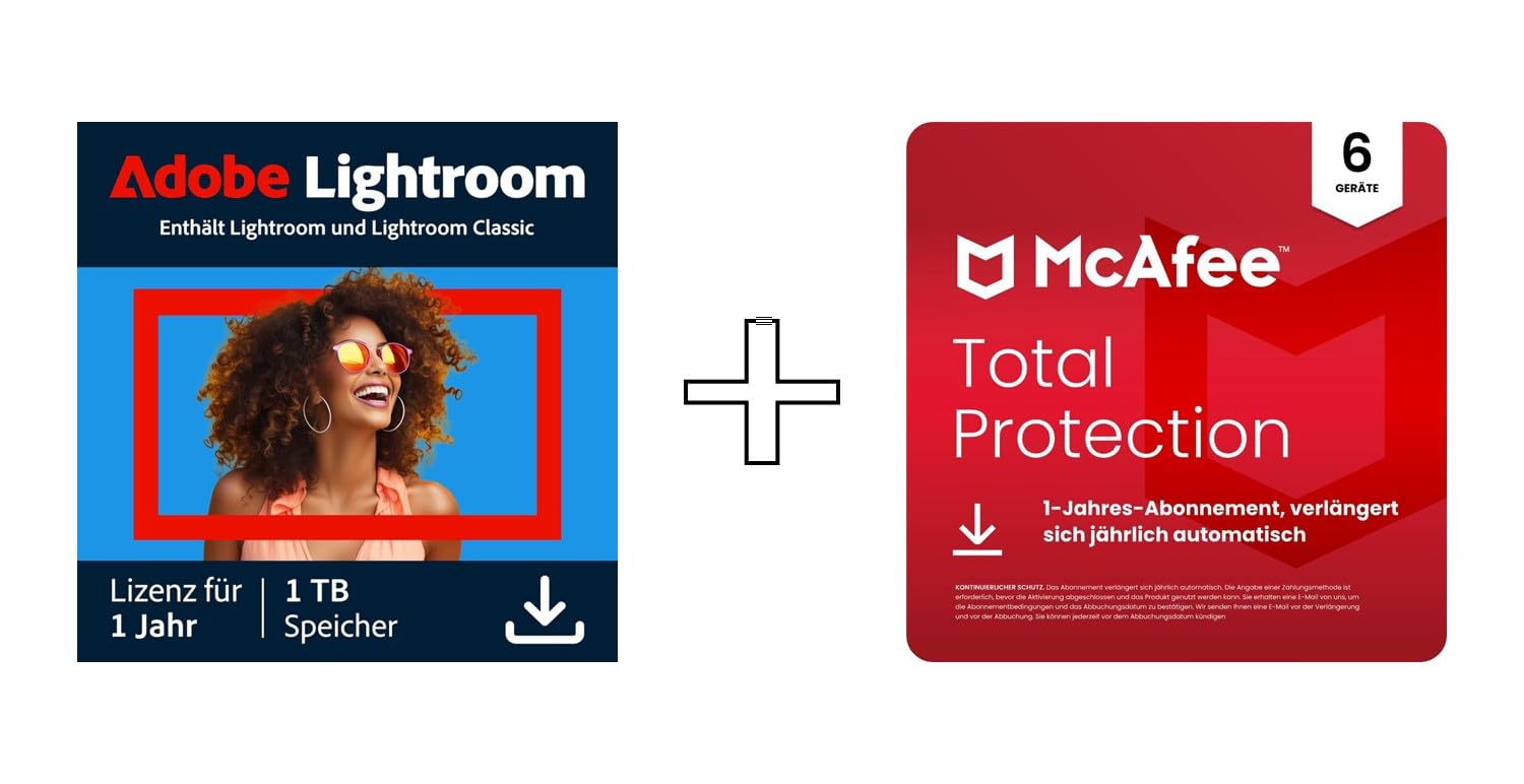 Adobe Lightroom + McAfee Total Protection 2026 (Automatische Verlängerung) | 6 Geräte | 12 Monate | Digitaler Download