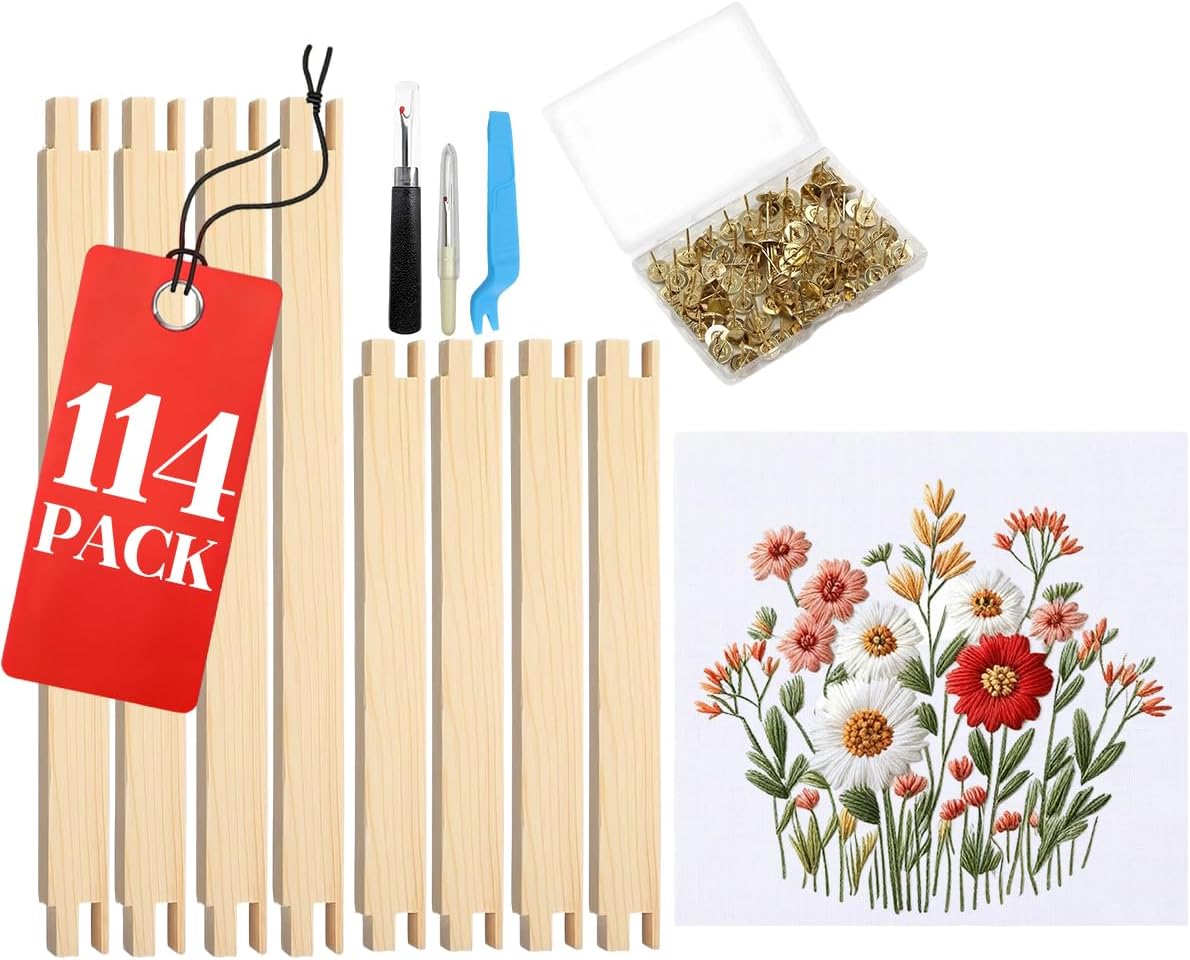 8Pcs 4 Sets Wooden Needlepoint Canvas Stretcher Bars for Needlework - Complete Set with 100 Tacks and Tacks Remover for Needlepoint Embroidery Framing, Stitch Frame & Crafts Art, Ideal Gift for Women