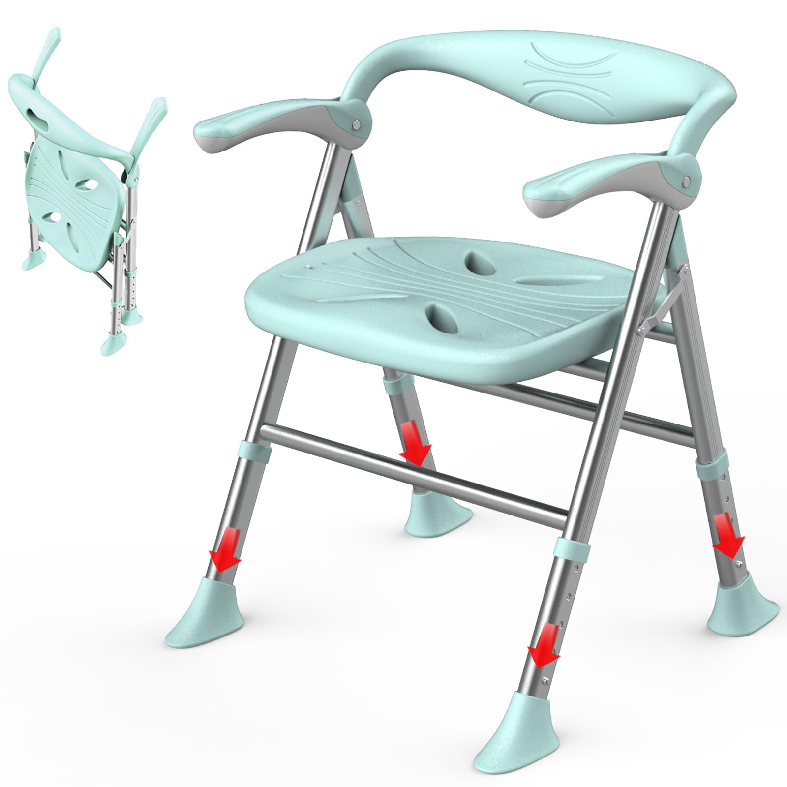 Doblar Silla para Ducha,Silla Ducha Personas Mayores,Capacidad MáXima de Carga 150 Kg,Apoyabrazos Plegables,Taburete BañO Ajustable en Altura de 5 Niveles (Verde, Asientos Planos)