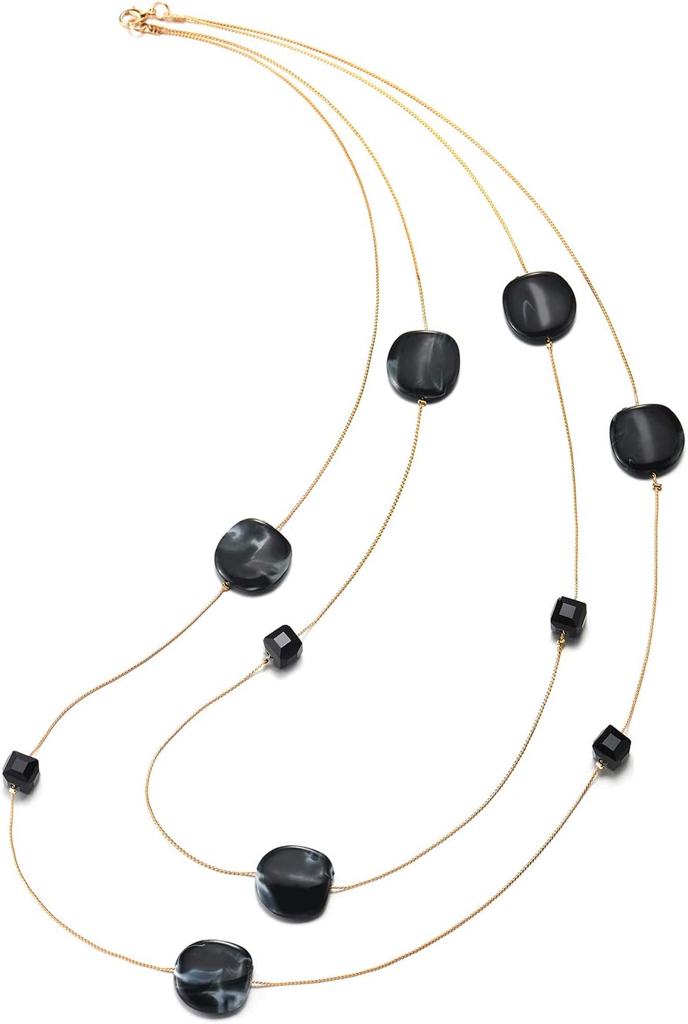 COOLSTEELANDBEYOND 18K Gold-Plated Statement Necklace Two-Strand Long Chain with Cube Crystal Beads Circle Charms