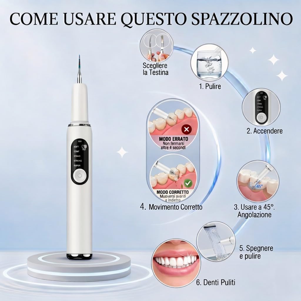 Kit Pulizia Denti Tartaro，Spazzolino Elettrico Ultrasuoni Intelligente con 5 Modalità Per Rimozione Placca e Macchie con 5 testine intercambiabili e Luci LED per Pulizia Tartaro Uso Quotidiano a Casa
