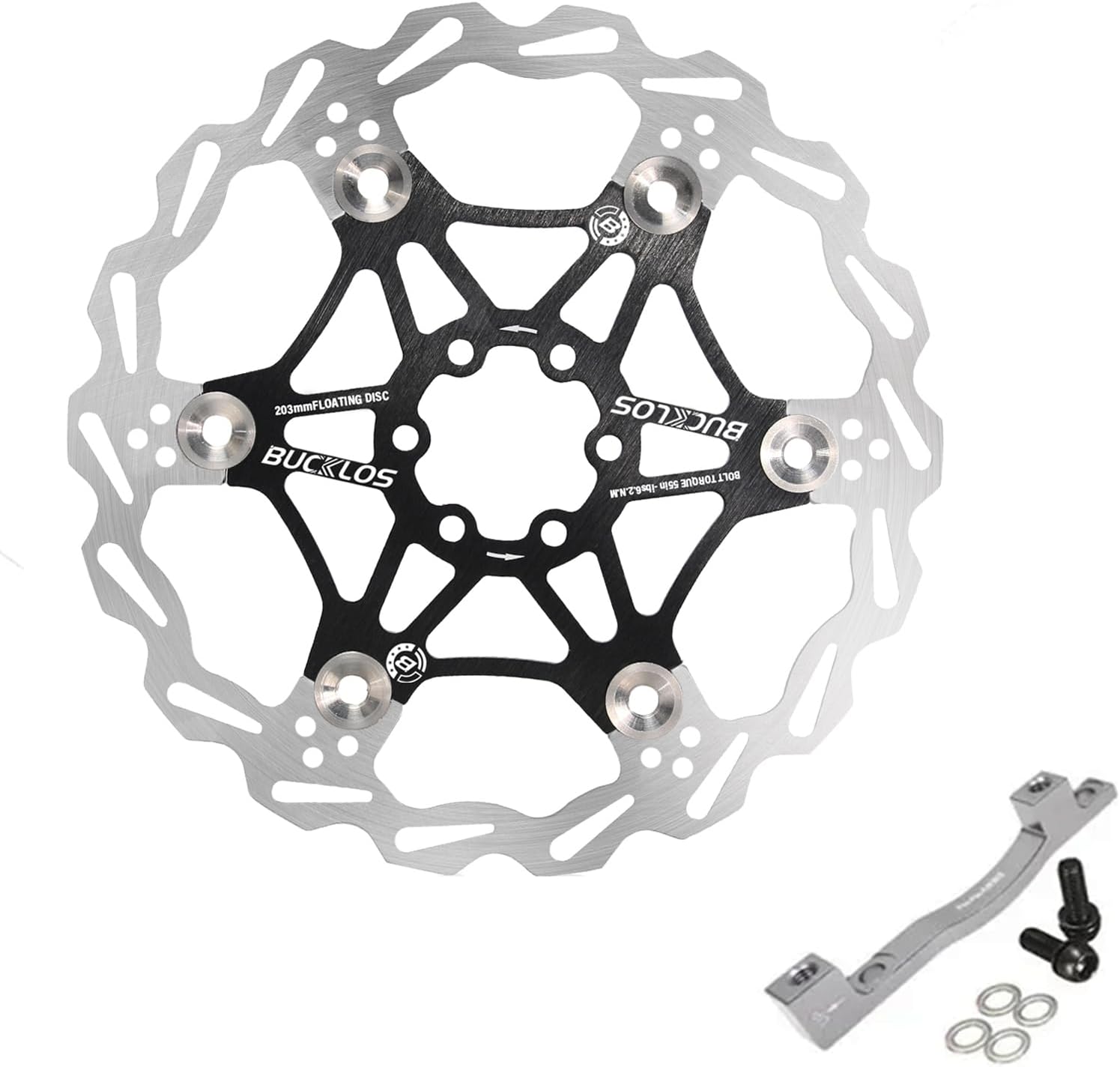 BUCKLOS Titanium PM Front Rear 203mm Disc Brake Caliper Mount Adapter Gear Parts Accessories with 203mm Floating Disc Brake Rotor with 6 Bolts
