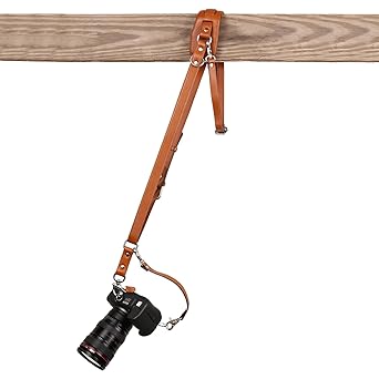 Ledereign Leather Solo Camera Strap with Stainless Steel Snap Shackle Hooks | Single Camera Belt Harness | Cross Body Design | (Classic Tan Color)