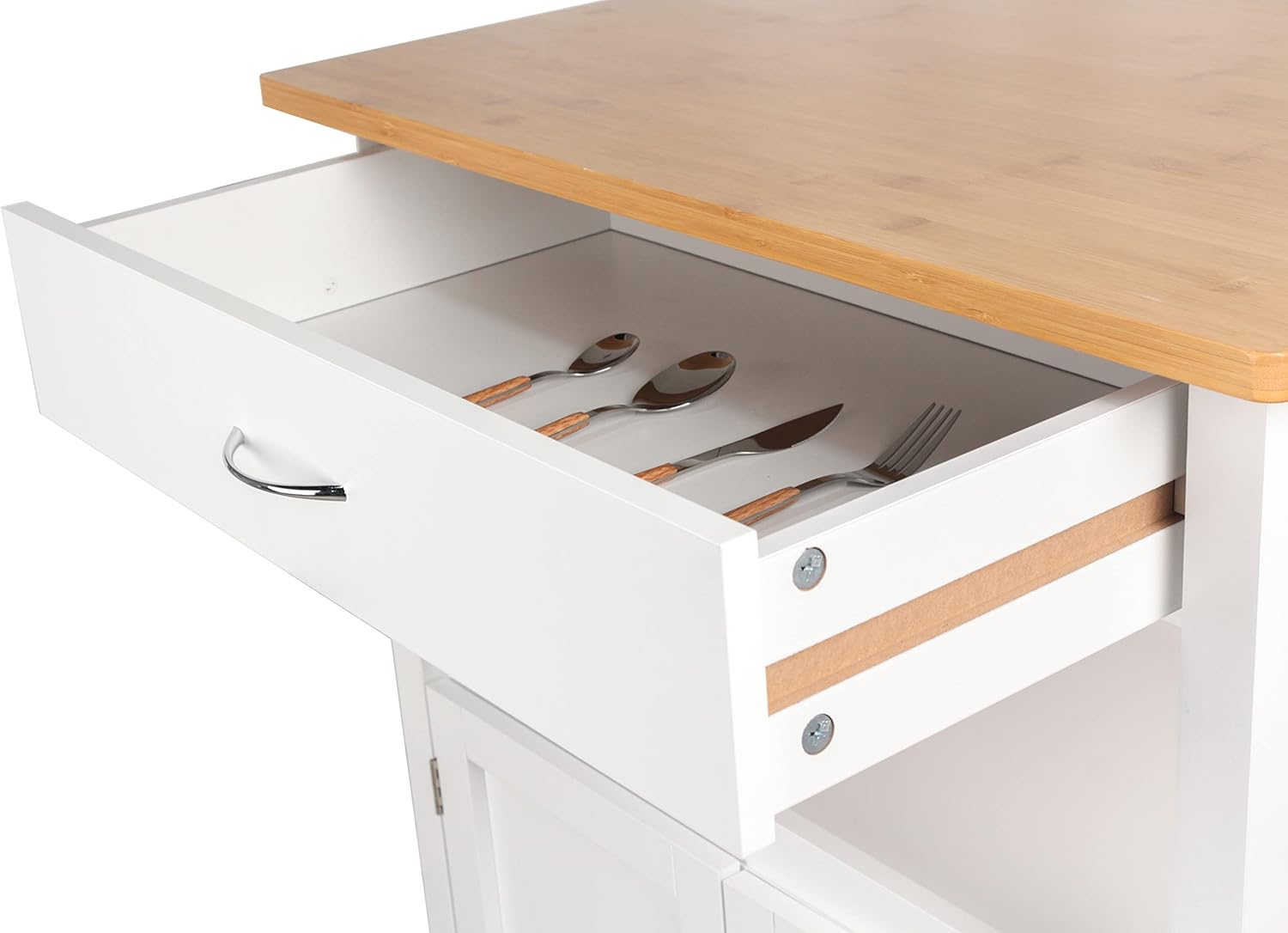 eHemco Kitchen Island Cart on Wheels with Drawer, Storage Cabinet, Shelf and Natural Bamboo Top Butcher Block, White Base