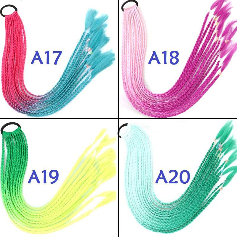 Ombre Colored Small Three Strands Braids Hair Extensions with Rubber Bands Rainbow Braided Synthetic Hairpieces Ponytail for Women Kids Girls Fold 24inches 2pcs/Pack (24inches, A18) - Image 4