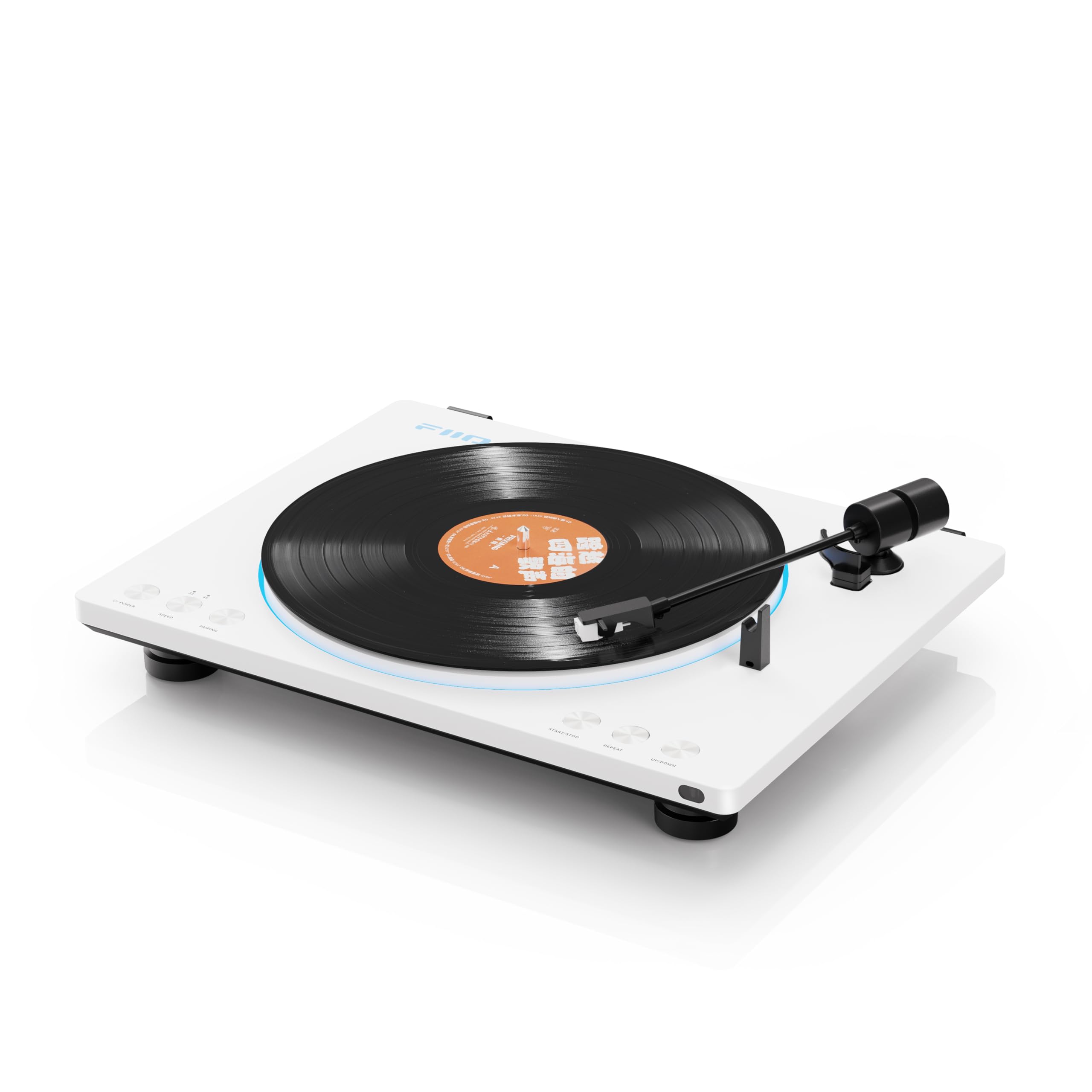 FiiO TT13 Fully Automatic Vinyl Stereo Turntable with dust cover open and a vinyl record on the platter