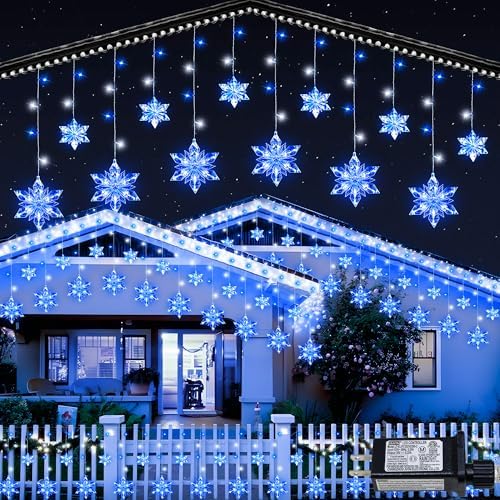 Christmas Snowflake Lights Outdoor,8.2 FT 144 LED Snowflake Icicle Lights with 12 Drops,8 Modes Timer Waterproof Connectable Xmas Light for Eaves,Windows,Curtain,Indoor Outdoor(Blue White)