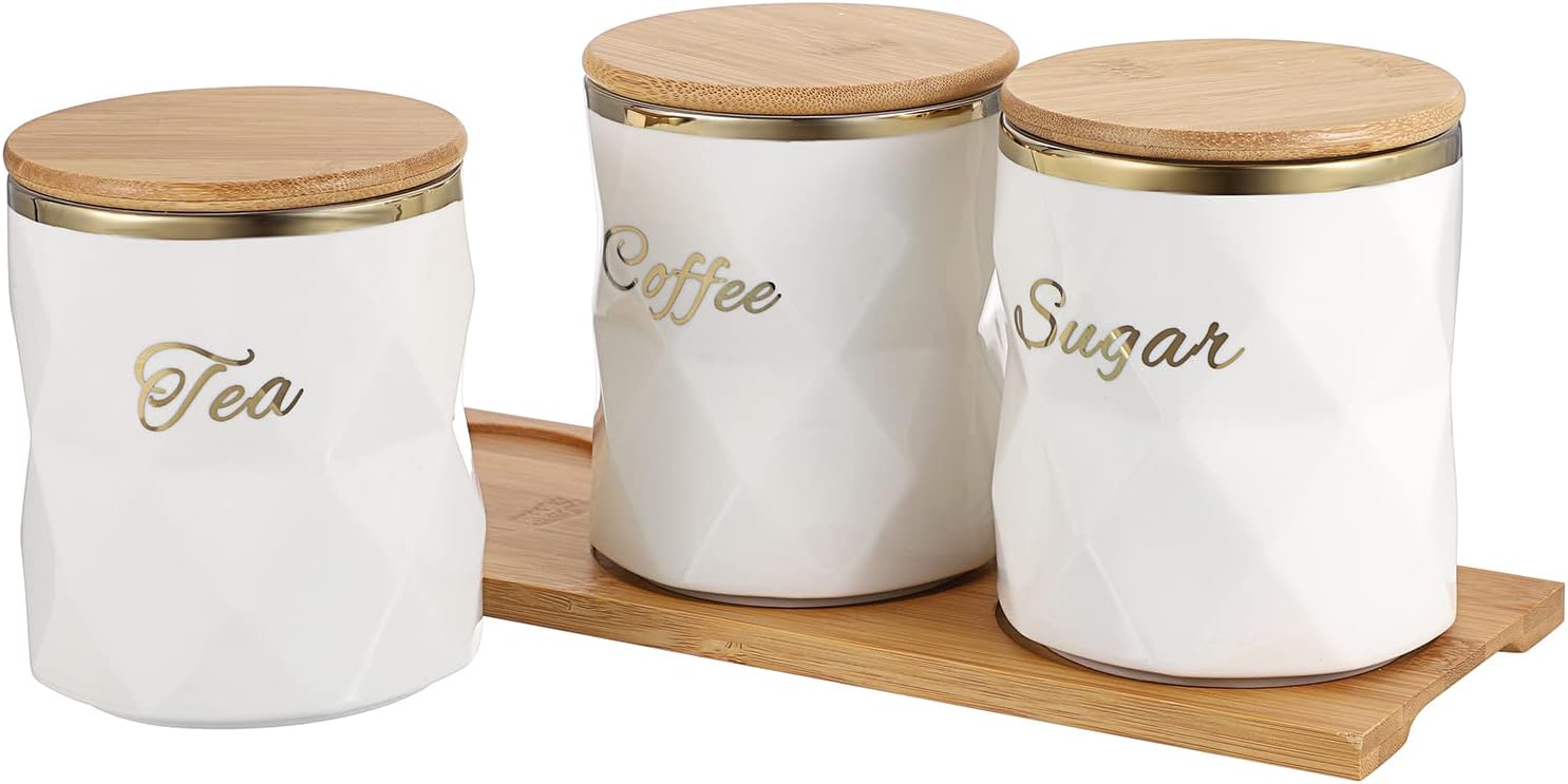 BTSKY White Ceramic Sugar Coffee Tea Canisters with Lid and Tray - Airtight Set of 3 Storage Canisters Food Storage Containers Pots Jars with Bamboo Lid for Kitchen Counter