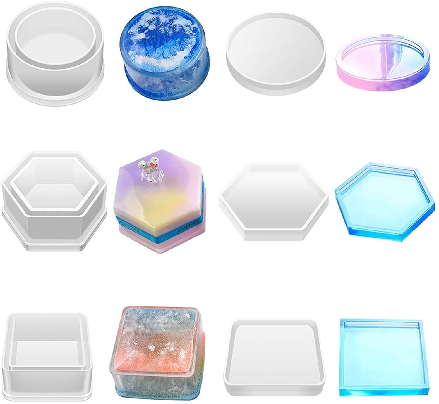 Silicone Resin Mould Set, Hexagon, Square and Round Trinket Box Shapes with Lids, Clear Epoxy Casting Moulds for Jewellery Storage and Home Decor (Pack of 3)-image-45