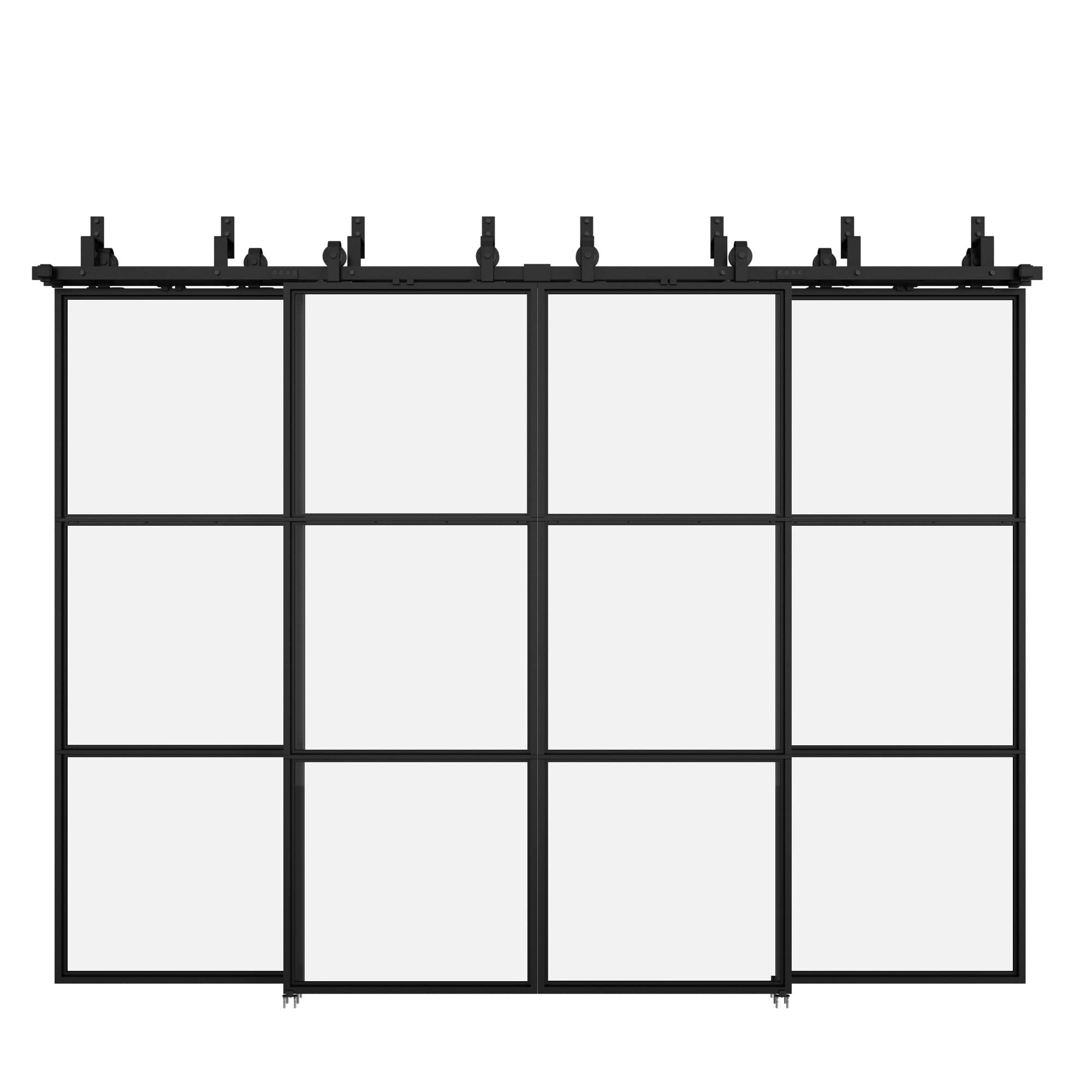 JUBEST Double Bypass Glass Barn Door 120 x 84 in with 10FT Double Hardware Kit and Soft Close, 4 Sets of 30x84 in Clear Tempered Glass Carbon Steel Black Frame Barn Door, Easy Assembly