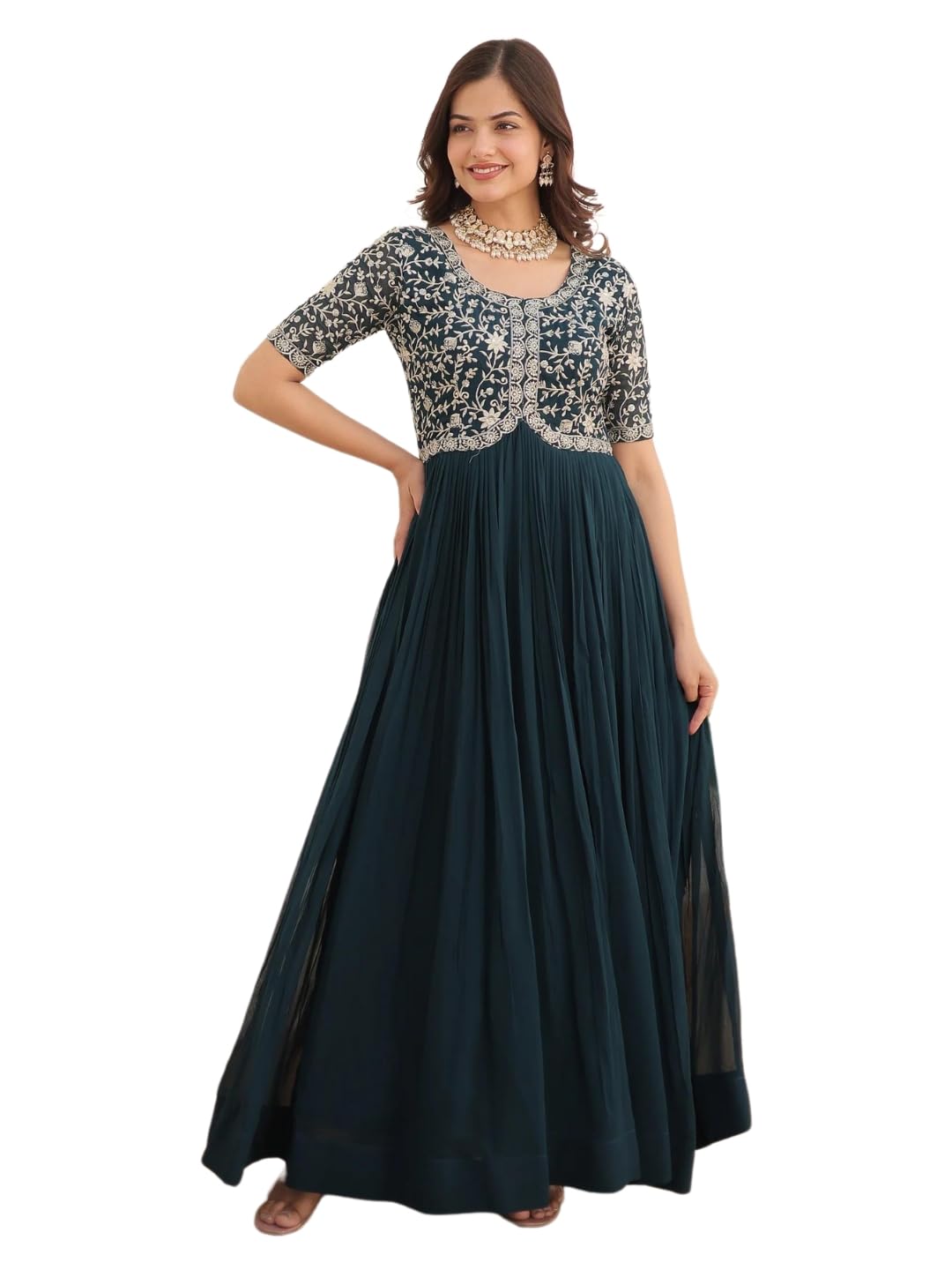 Embroidery Fit and Flared Gown Dress for Women, Dark Green-image-31
