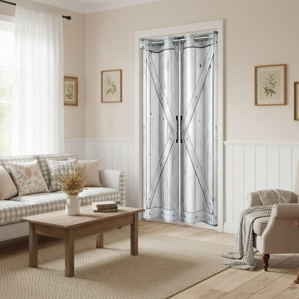 Rustic Wooden Stripes Door Curtain 1 Panel, 42"W x 80"L, Retro Farmhouse Cabin Privacy Door Drape for Living Room, Bedroom Decor, Wood Texture Country Decor Doorway Curtain for Kids, Adults