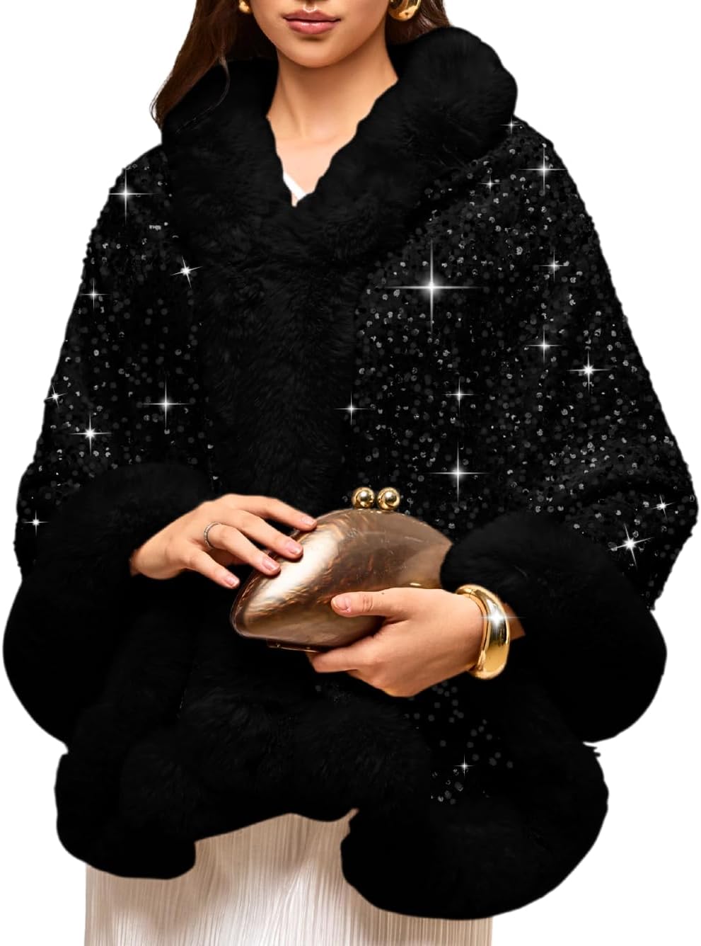 Women's Sequin Faux Fur Shawl Wrap, Winter Bridal Wedding, Luxury Elegant Velvet Fur Coat Jackets Cape Evening Party