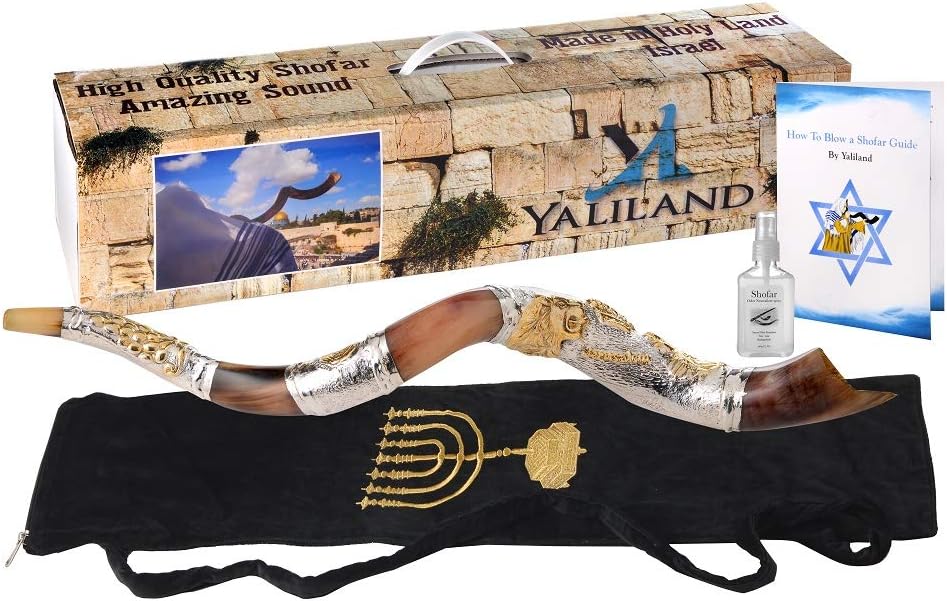 Shofar from Israel Polish Polished Silver Plated Set Kudu Horn Yemenite Lion Of Judah + Bag + Spray + Guide + Carrying Box Case (30"-32") : Musical Instruments