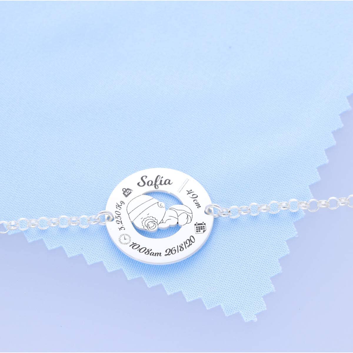 Pulsera de Nacimiento en Plata de Ley - Graba los datos de Nacimiento de tu Bebé - Ideal para la mejor mamá