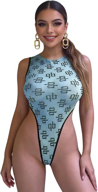 Womens Sexy Sheer Mesh Thong Bodysuit Letter Print Long Sleeve Jumpsuit Leotard Top with Thumb Hole