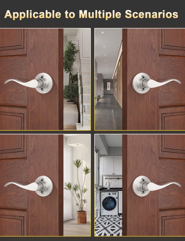 Image of Mengico 8 Pack Satin Nickel Dummy Door Lever, Single Right Side Door Handle for Closets, Non-Turning Pull Only Lever Set, Wave Style Interior Door Knob