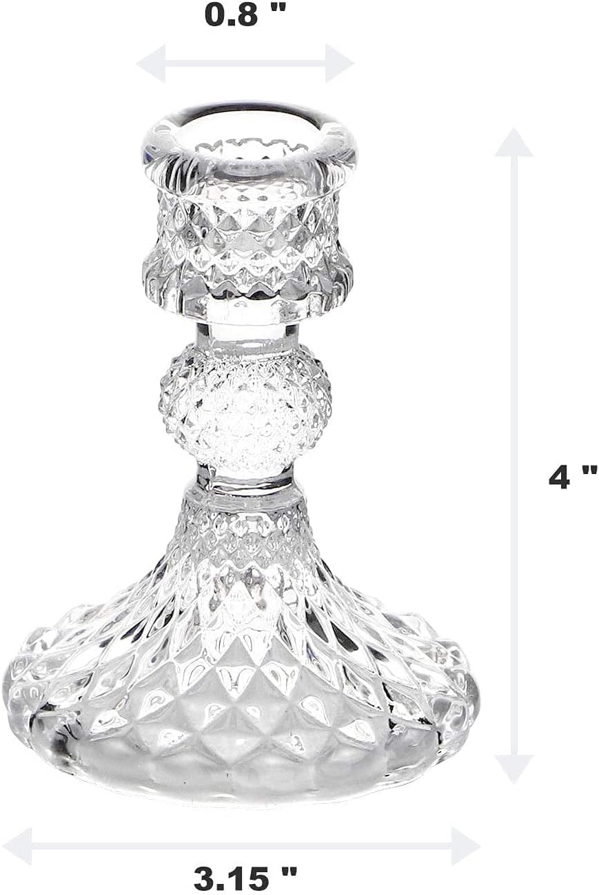 Clear Glass Candlestick Holders Set of 2，Taper Candle Holders Fit 0.8 Inch Candles, Crystal Decorative Candle Stand Centerpiece for Table Wedding Dinning Party 4 Inch Tall