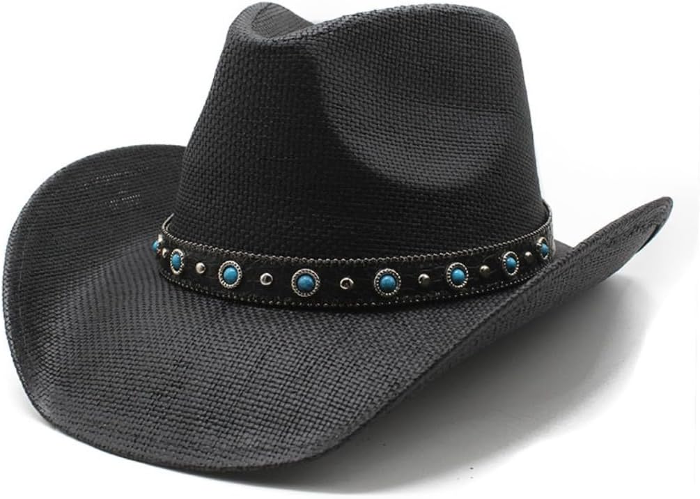 Western Cowboy Hat with Turquoise Studded Band, Natural Straw, Wide Brim