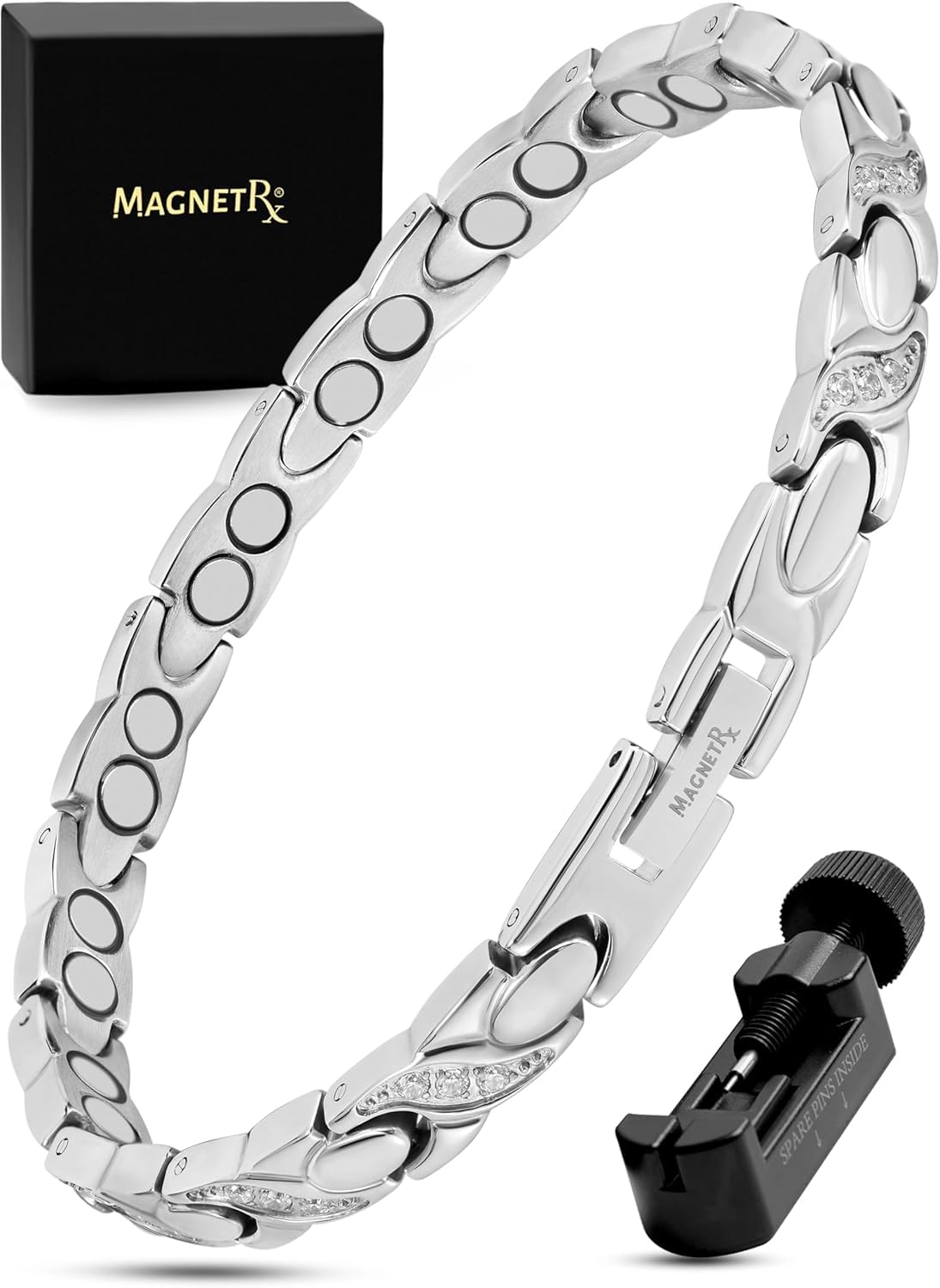– MagnetRX® Ultra Strength Magnetic Bracelets for Women – Double Magnet Stainless Steel Crystal Bracelet for Women – Adjustable Bracelet Length with Sizing Tool (Silver)