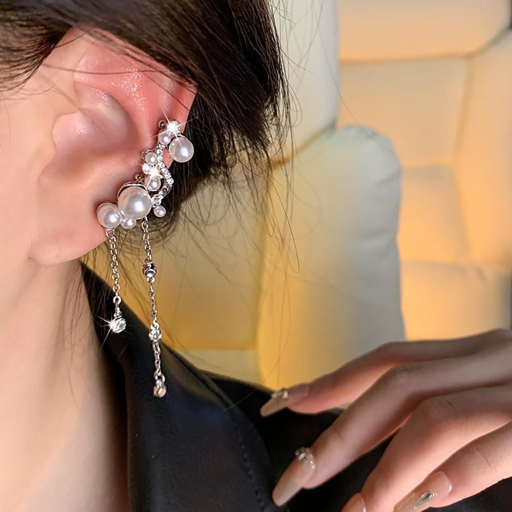 Pearl Long Tassel Ear Cuff Earrings for Women Sparkly Pearl Clip On Cartilage Earring Crystal Chain Pearls Non Piercing Statement Earring Jewelry Gift