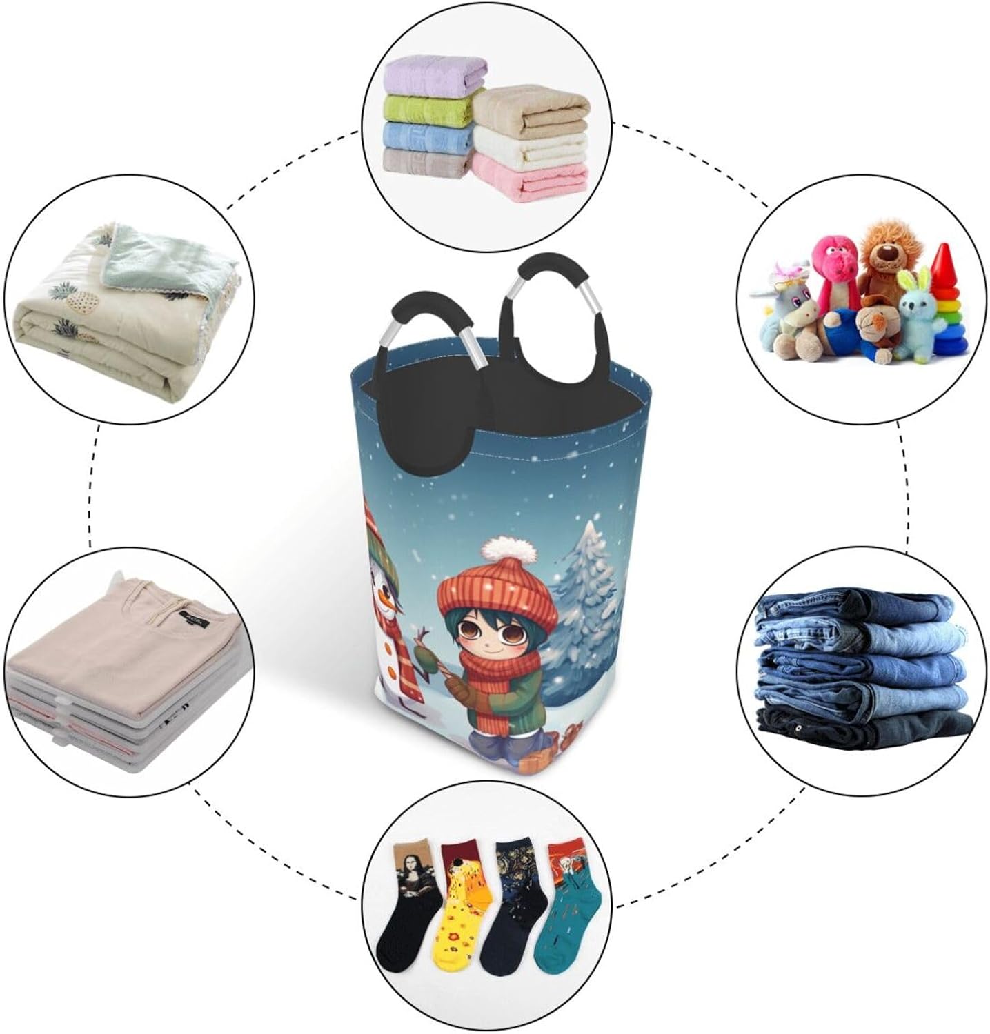 Merry Christmas Printed 50L Laundry Baskets Hamper with Handles, Square Dirty Clothes Hamper for Laundry Room Bedroom Bathroom
