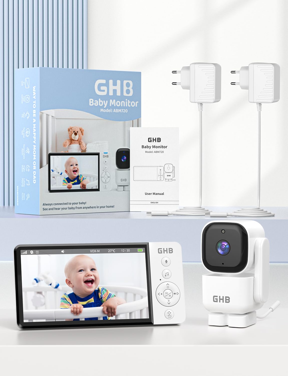 GHB Babyphone Camera 5" Rotation de 350° Camera Bebe Surveillance Vision Nocturne 720P 2,4 GHz sans Wi-FI VOX Capteur de Température Communication Bidirectionnelle 8 Berceuses