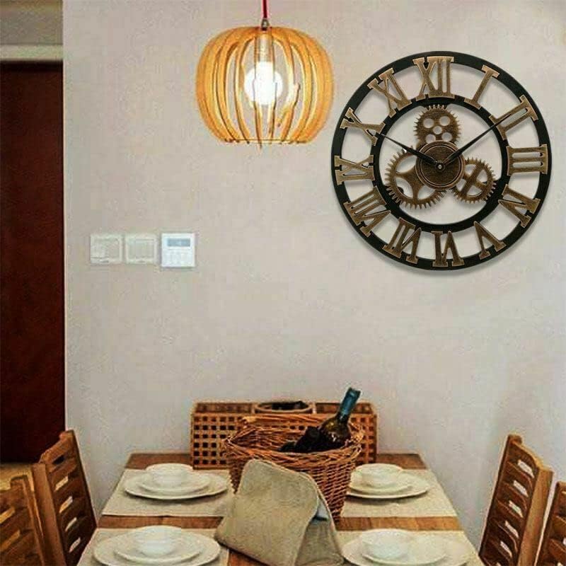 Heaven4you Large Indoor Wall Clock Big Roman Numerals Giant Open Face Wood/Metal for Living Room Bar Office Gold 60cm