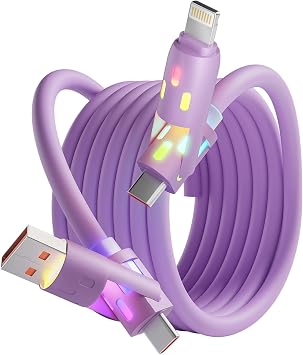 MPATIBY 240W USB C Cable,4 in 1 Charging Cable Fast Charging & Data Sync | Multi USB Charging Cable with Breathing Light,Charger Cord for iP 16/15 14 13 Pad Galaxy Tablets,Purple 5Ft