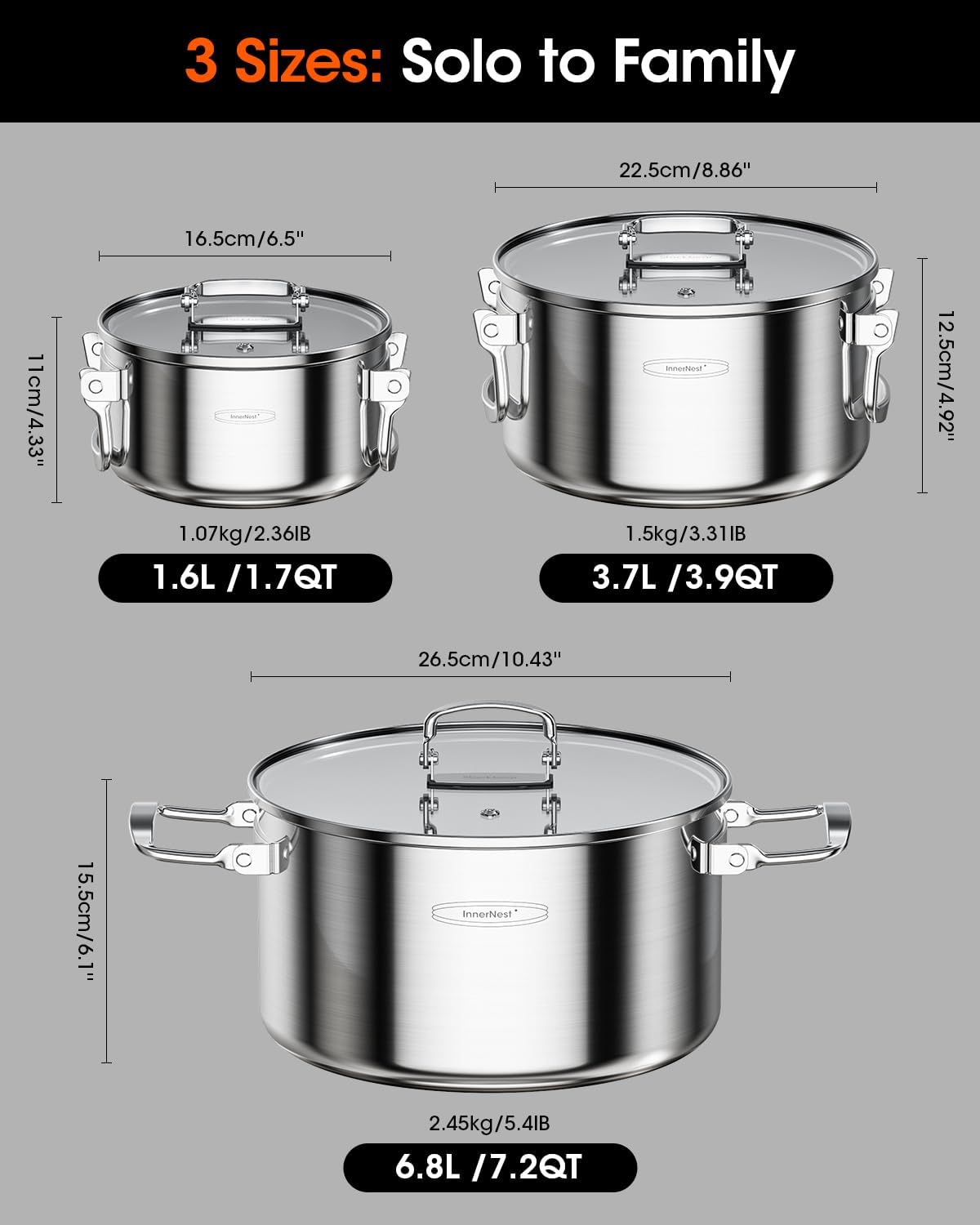3-Ply Stainless Steel Stock Pot Set with Glass Lids – Space-Saving Stackable Trio Stockpot, Collapsible Handles, 18/10 Stainless Steel, Induction Ready (1.7/3.9/7.2 qt)