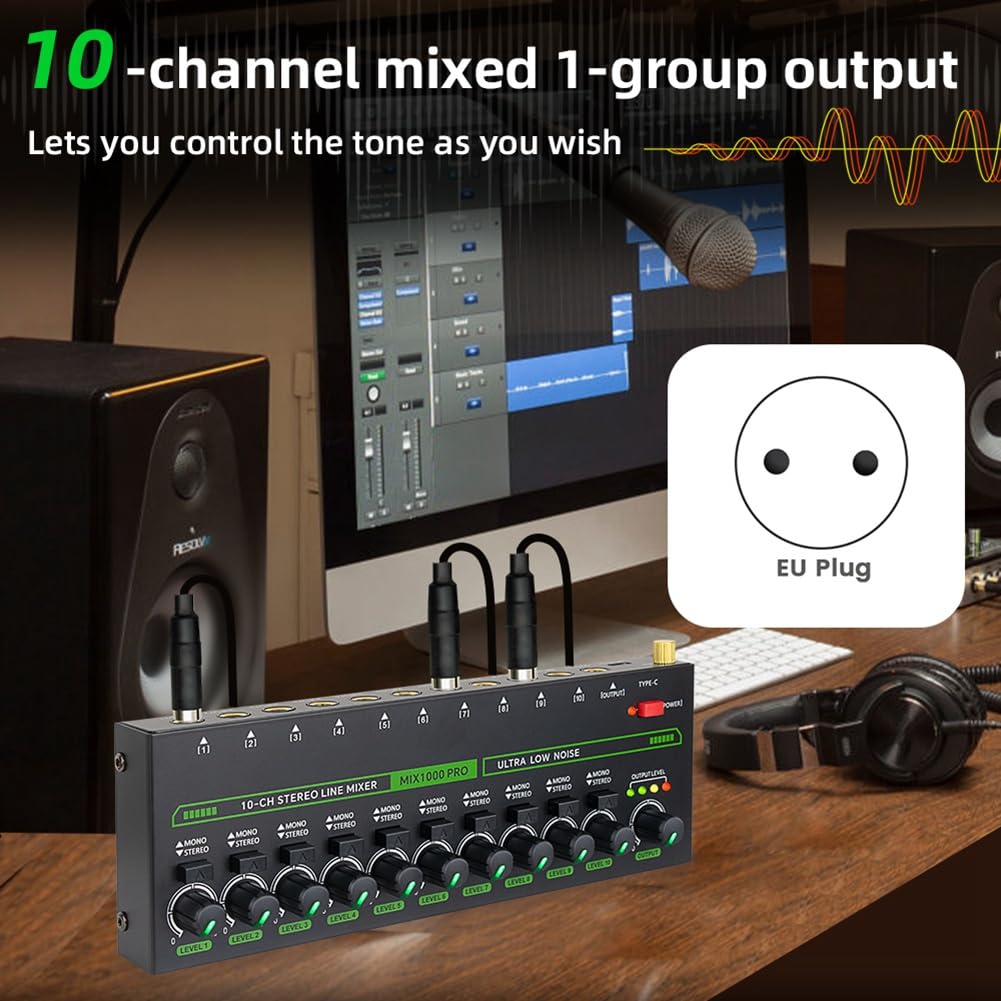 Mezclador de Sonido Profesional de 10 Canales, Mezclador de Sonido LED de Bajo Ruido con Luz RGB para Submezcla, Conmutador Estéreo, Enchufe de la UE