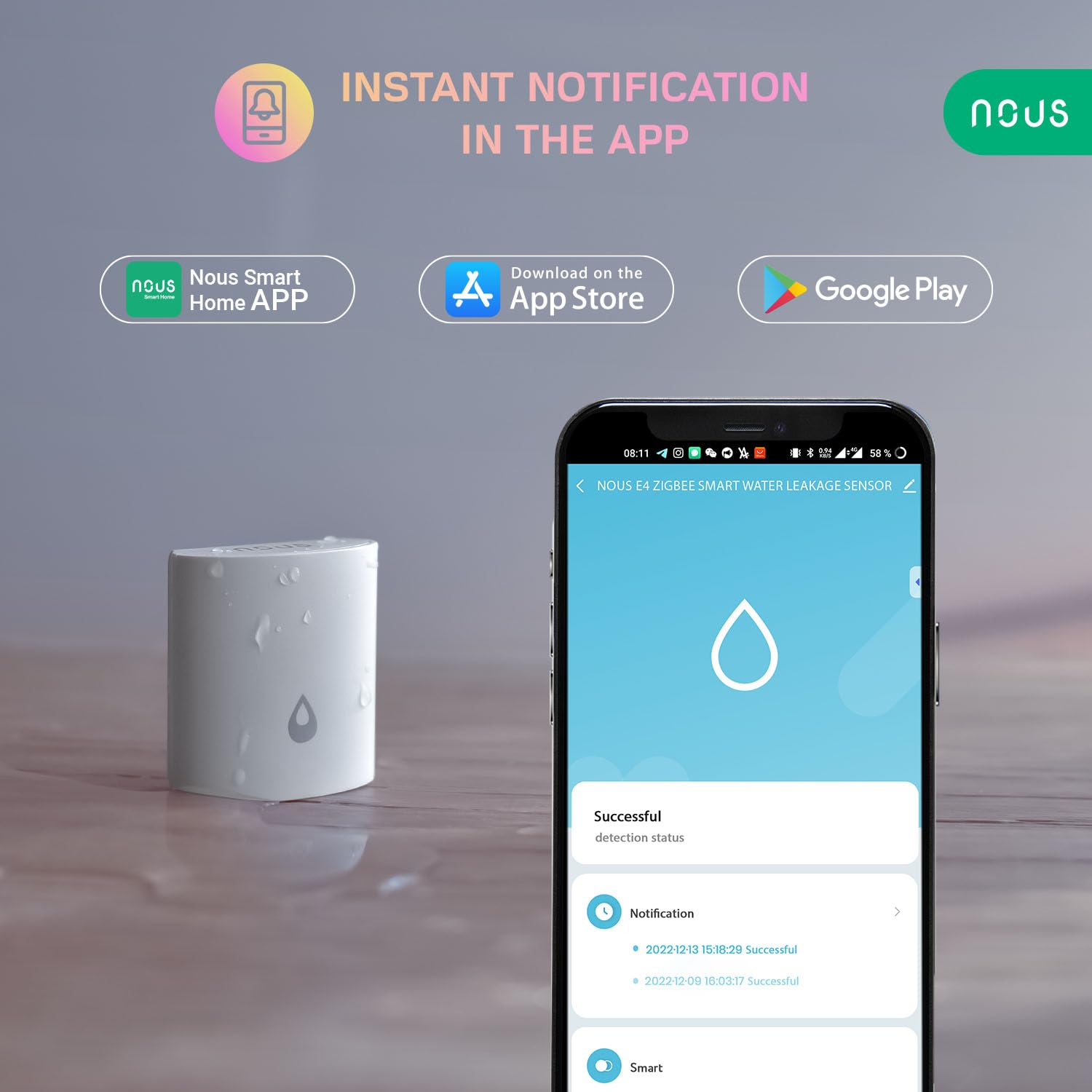 NOUS E4 ZigBee Smart Water Leakage Sensor, Natychmiastowe Wykrywanie Wycieków, Kompatybilny z Alexa, Google Home, Home Assistant, Tuya