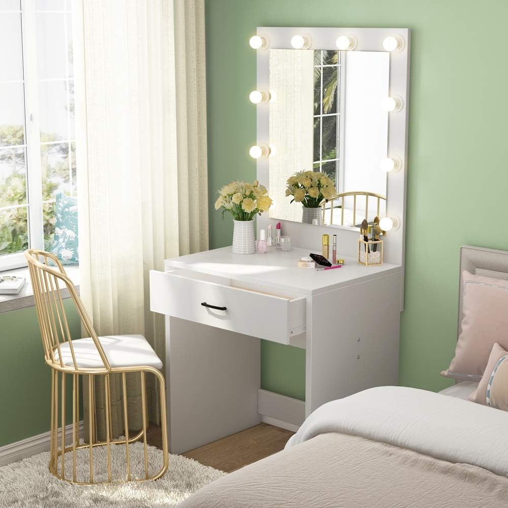 Tribesigns Vanity Set with Lighted Mirror, Makeup Vanity Dressing Table Dresser Desk with Large Drawer for Bedroom, White (10 Warm LED Bulb)