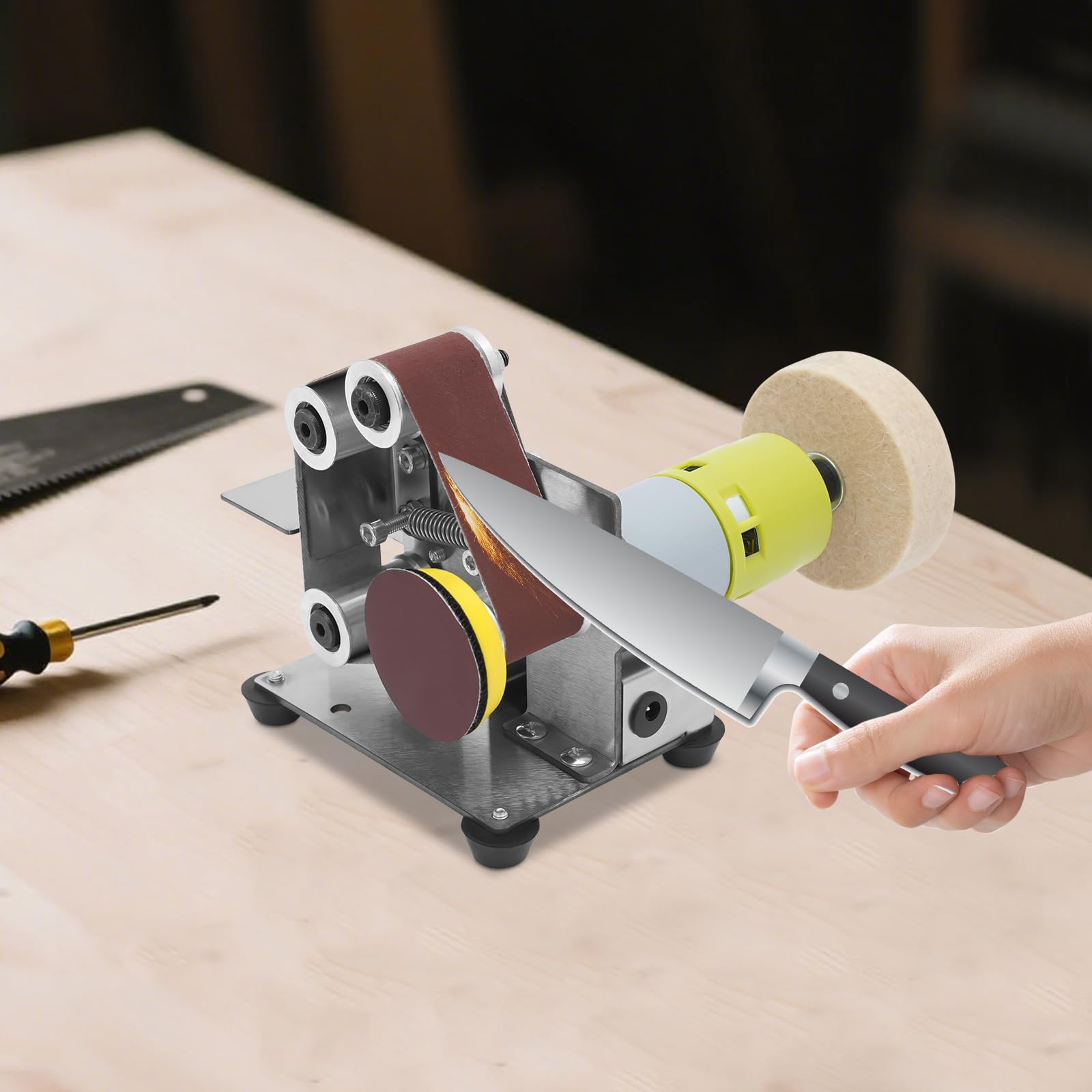 Mini lijadora de banda, 96 W, afilador de bordes, lijadora de 7 velocidades, control de velocidad de 4500 – 8000 rpm, bandas de lijado para madera, metal y plástico