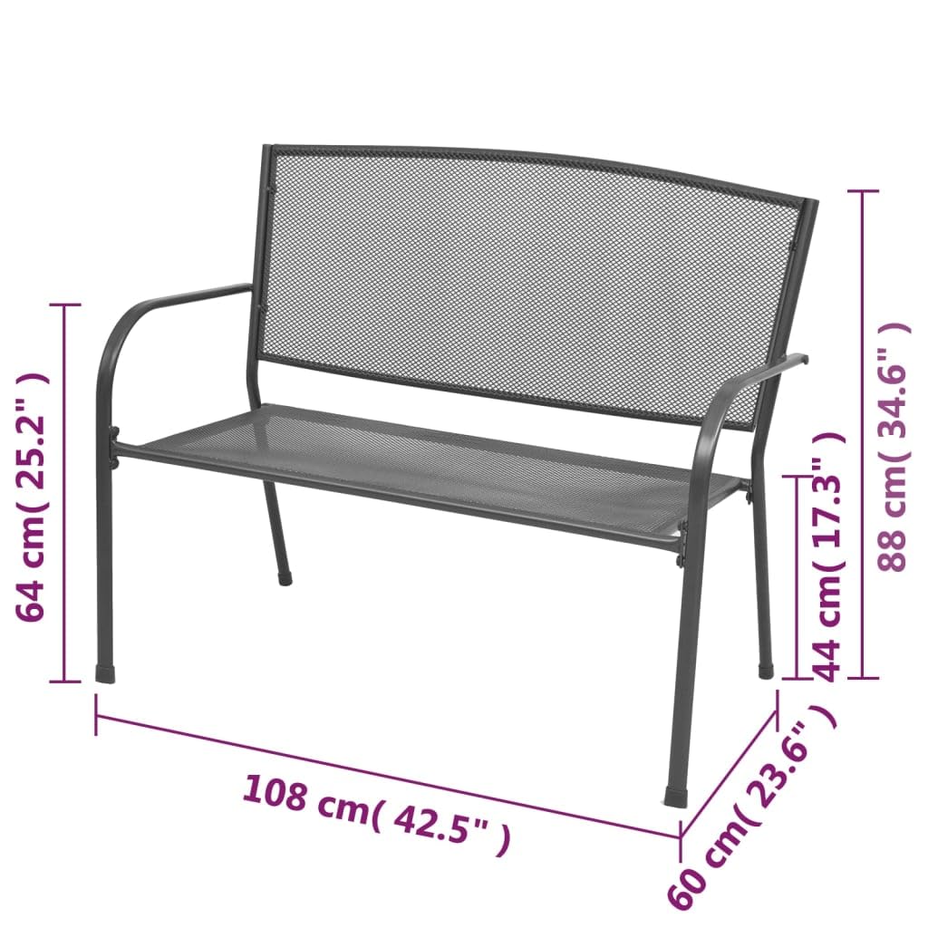 Ławka metalowa 108 cm, stalowa ławka do siedzenia z kratką, styl industrialny, ławka ogrodowa, antracytowa, malowana proszkowo i odporna na rdzę, obciążenie do 110 kg