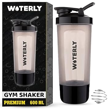 WOTERLY Gym Protein Shaker Bottle with Ball, Extra Storage for Protein Powder & Nuts, Pre & Post Workout Shakers for Men & Women, BPA Free Material with 100% Leakproof (600ml, Black)