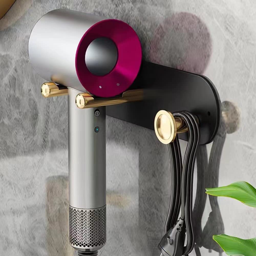Hair Dryer Holder Wall Mounted Compatible for Dyson Hair Dryer, Salon Holder Storage Bathroom Organizer Adhesive Hair Dryer Rack Stand Aluminum Black Gold